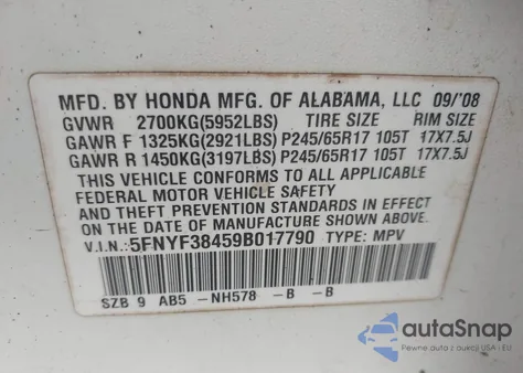 2009 Honda Pilot Ex из США, поврежденный, VIN 5FNYF38459B017790